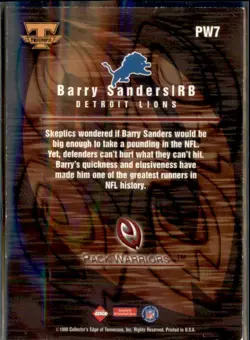1999 Collector's Edge Triumph Pack Warriors Barry Sanders Detroit Lions #PW7 - Image 2