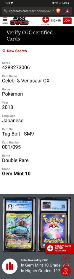 CGC 10 GEM MINT Celebi & Venusaur GX 001/095 Pokemon Japanese Tag Team US Seller - Image 3