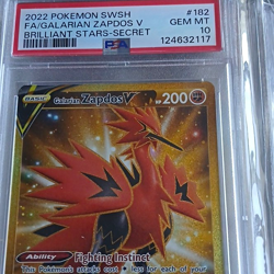 Pokemon TCG Galarian Zapdos V Brilliant Stars Secret Rare Holo PSA 10 #182 - Image 1