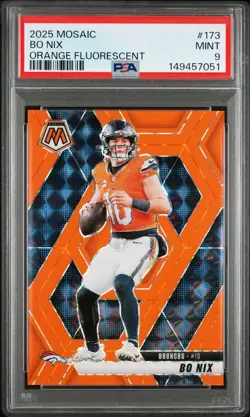 2025 Panini Mosaic #173 Orange Fluorescent Prizm 14/25 Bo Nix PSA 9 Color Match - Image 1