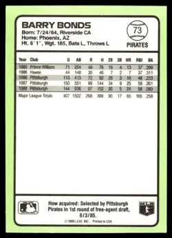 1989 Donruss Baseball's Best Barry Bonds Pittsburgh Pirates #73 - Image 2