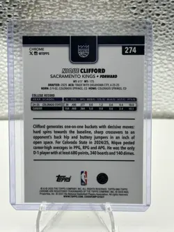 Topps Chrome 2025-26 Nique Clifford Sacramento Kings Rookie #274 /275 Card - Image 2