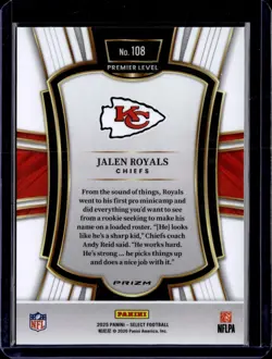 2025 Panini Select #108 Jalen Royals Zebra Prizm Shock - Image 2