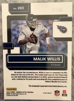 2022 Optic Malik Willis Blue Prizm Autograph /99 Rated Rookie Auto on card - Image 2