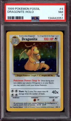 1999 POKEMON FOSSIL #4 DRAGONITE HOLO PSA 7 - Image 1