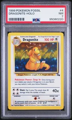 1999 POKEMON FOSSIL #4 DRAGONITE-HOLO PSA 7 - Image 1