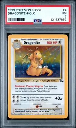 1999 Dragonite Fossil HOLO Rare PSA 7 4/62 Pokemon WOTC TCG - Image 1