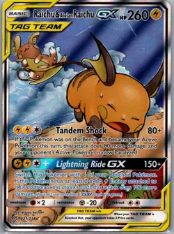 Raichu & Alolan Raichu GX 221/236 Ultra Rare Unified Minds Pokemon Holo LP - Image 1