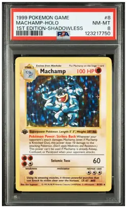 1999 Pokemon Base Set 1st Edition Machamp Holo Shadowless #8 PSA 8 - Image 1