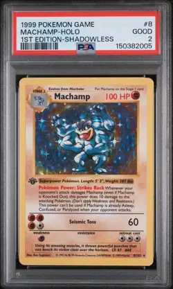 1999 POKEMON BASE SET 1ST EDITION-SHADOWLESS #8 MACHAMP-HOLO PSA 2 - Image 1