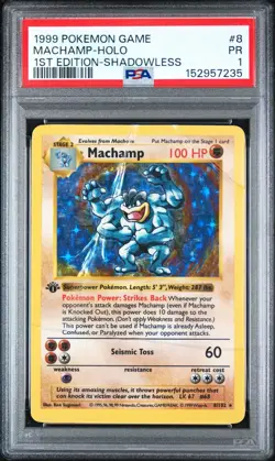 PSA 1 Machamp shadowless 1st edition base set holo 1999 #8 Pokemon WoTC PR - Image 1