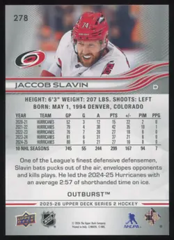 2025-26 UPPER DECK OUTBURST JACCOB SLAVIN CAROLINA HURRICANES #278 PARALLEL - Image 2