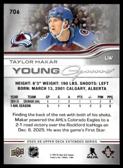 2025-26 Upper Deck Young Guns Taylor Makar RC Colorado Avalanche #706 - Image 2