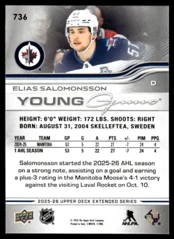 2025-26 Upper Deck Young Guns Elias Salomonsson RC Winnipeg Jets #736 - Image 2