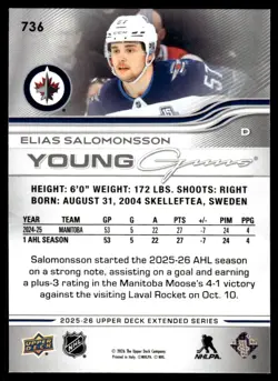 2025-26 Upper Deck Young Guns Elias Salomonsson RC Winnipeg Jets #736 - Image 2
