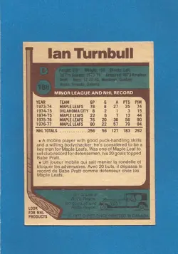 Ian Turnbull 1977-78 O-PEE-CHEE OPC NHL Hockey #186 (NM)(OC) Toronto Maple Leafs - Image 2