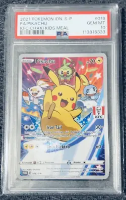 2021 POKEMON INDONESIAN S PROMO KFC CHAKI KIDS MEAL #016 FULL ART/PIKACHU PSA 10 - Image 1