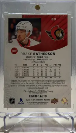 2025-26 Upper Deck: SP Authentic - Limited Auto Drake Batherson #80 - Senators - Image 2
