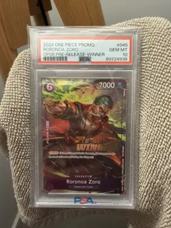 PSA 10 Gem Mint Zoro P-045 Pre-Release Winner Promo English One Piece Card - Image 1