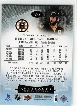 2015-16 Upper Deck Artifacts #76 Zdeno Chara Boston Bruins - Image 2