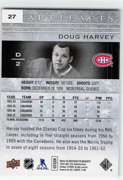 2014-15 Upper Deck Artifacts #27 Doug Harvey Montreal Canadiens - Image 2