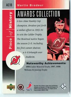 2002-03 Upper Deck Piece of History #AC18 Martin Brodeur New Jersey Devils - Image 2