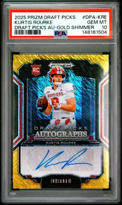 KURTIS ROURKE RC 2025 PRIZM DRAFT GOLD SHIMMER ROOKIE AUTO JERSEY # 9/15 PSA 10 - Image 1
