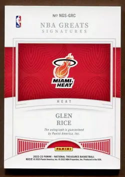 Glen Rice 2022-23 National Treasures NBA Greats Signatures Gold Auto 02/10 Heat - Image 2