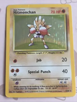 Pokemon TCG Hitmonchan Base Set Holo Unlimited Rare Card 7/102 HP - Image 1