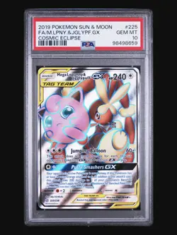 2019 Pokemon Mega Lopunny & Jigglypuff GX 225/236 Cosmic Eclipse Tag Team PSA 10 - Image 1