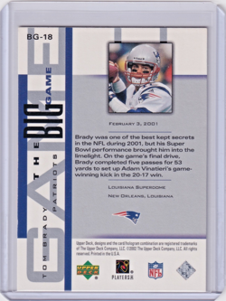 Tom Brady 2002 Upper Deck Piece of History "The Big Game" Patriots Card #BG-18 - Image 2