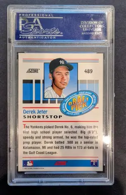 1993 SCORE #489 DEREK JETER RC ROOKIE DRAFT PICK PSA 10 - Image 2