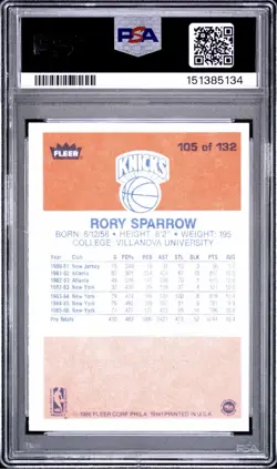 1986-87 Fleer - Rory Sparrow #105 New York Knicks PSA 8 NM-MT 5134 - Image 2