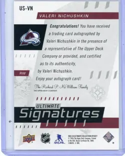 2025-26 UD ULTIMATE HOCKEY ULTIMATE SIGNATURES AUTO AVALANCHE Valeri Nichushkin - Image 2