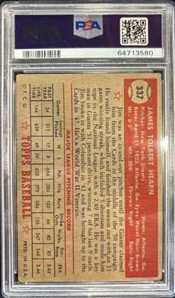 1952 Topps Jim Hearn PSA 2 Good #337 New York Giants Rare James Tolbert Hearn - Image 2