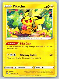 Pikachu 052/196 Common Lost Origin Pokemon Near Mint - Image 1