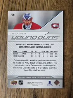Jakub Dobes 2024-25 Upper Deck Extended Series Rare Young Guns Rookie Card #726 - Image 2