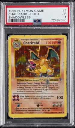 1999 POKEMON GAME SHADOWLESS #4 CHARIZARD-HOLO PSA 1 - Image 1