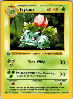 Ivysaur 30/102 Uncommon Base Set Shadowless Pokemon 1st Edition MP - Image 1