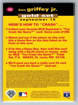 1995 Collector's Choice #CG8b Ken Griffey Jr. You Crash the Game Gold - Image 2