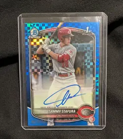 Sammy Stafura 2025 Bowman Chrome 1st Blue X-Fractor Auto /150 🔥 Reds - Image 3