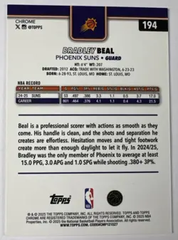 2025-26 Topps Chrome Bradley Beal #194 Black Refractor /10 Suns - Image 2