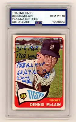 Denny McLain 1965 Topps #236 Signed Rookie RC w/ 4 Inscriptions PSA 10 Auto B - Image 1