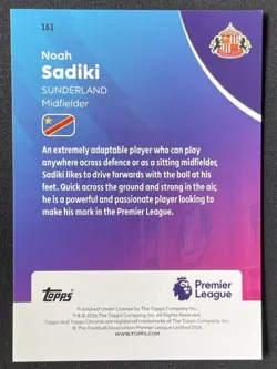 Noah Sadiki 2025-26 Topps Chrome Premier League Aqua Refractor RC /199 #161 - Image 2