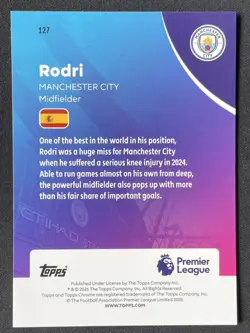 Rodri 2025-26 Topps Chrome Premier League Aqua Refractor /199 #127 - Image 2