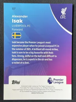 Alexander Isak 2025-26 Topps Chrome Premier League Aqua Wave Refractor /199 #117 - Image 2