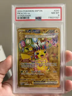 Pokemon TCG Pikachu EX Surging Sparks Holo Hyper Rare Gold 247/191 PSA 8 - Image 1
