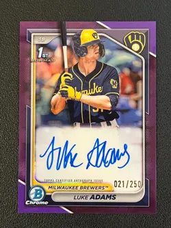 Luke Adams 2024 Bowman Chrome 1st Auto Purple Refractor /250 Brewers - Image 1