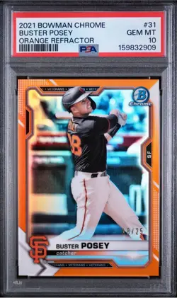 Buster Posey 2021 Bowman Chrome Orange Refractor #18/25 PSA Gem Mint 10 - Pop 2 - Image 1