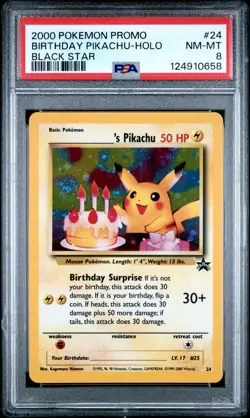 POKEMON PROMO BLACK STAR #24 BIRTHDAY PIKACHU-HOLO 🌀NEW CERT-HUGE SWIRL🌀PSA 8 - Image 1